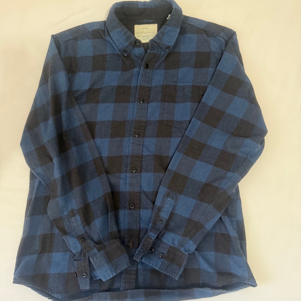 Weatherproof Vintage Mens Blue Buffalo Plaid Flannel ButtonUp Shirt Cabincore - Picture 7 of 12